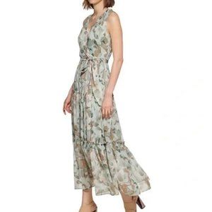 Calvin Klein Green Lurex Chiffon Floral Tiered Dress Less Belt